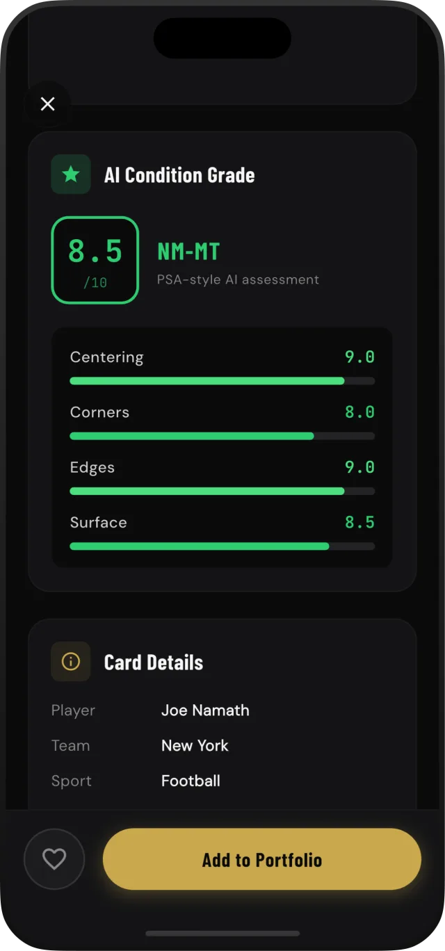AI condition grade screen showing 8.5 NM-MT with centering, corners, edges and surface scores